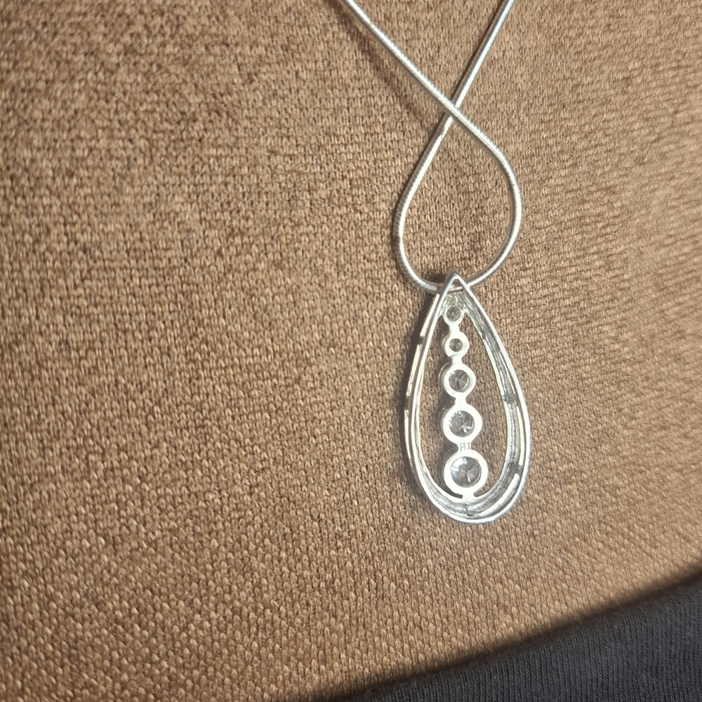 💎 Sterling Silver Teardrop Journey Necklace w CZ Diamonds on Round Snake Chain - Picture 12 of 16
